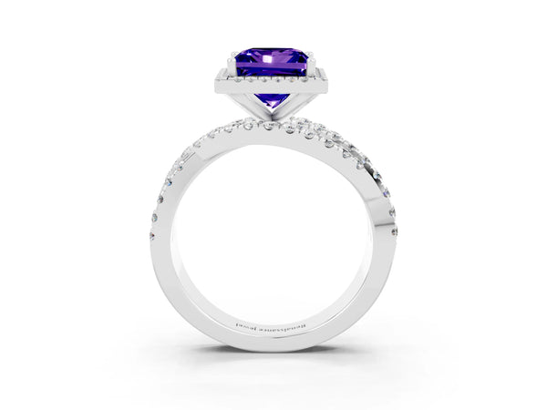 Platinum Princess Cut Tanzanite Halo Ring with Round Split Shank and Prong Setting