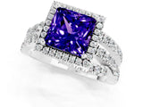 White gold Princess Cut Tanzanite Halo Ring with Round Split Shank and Prong Setting_61