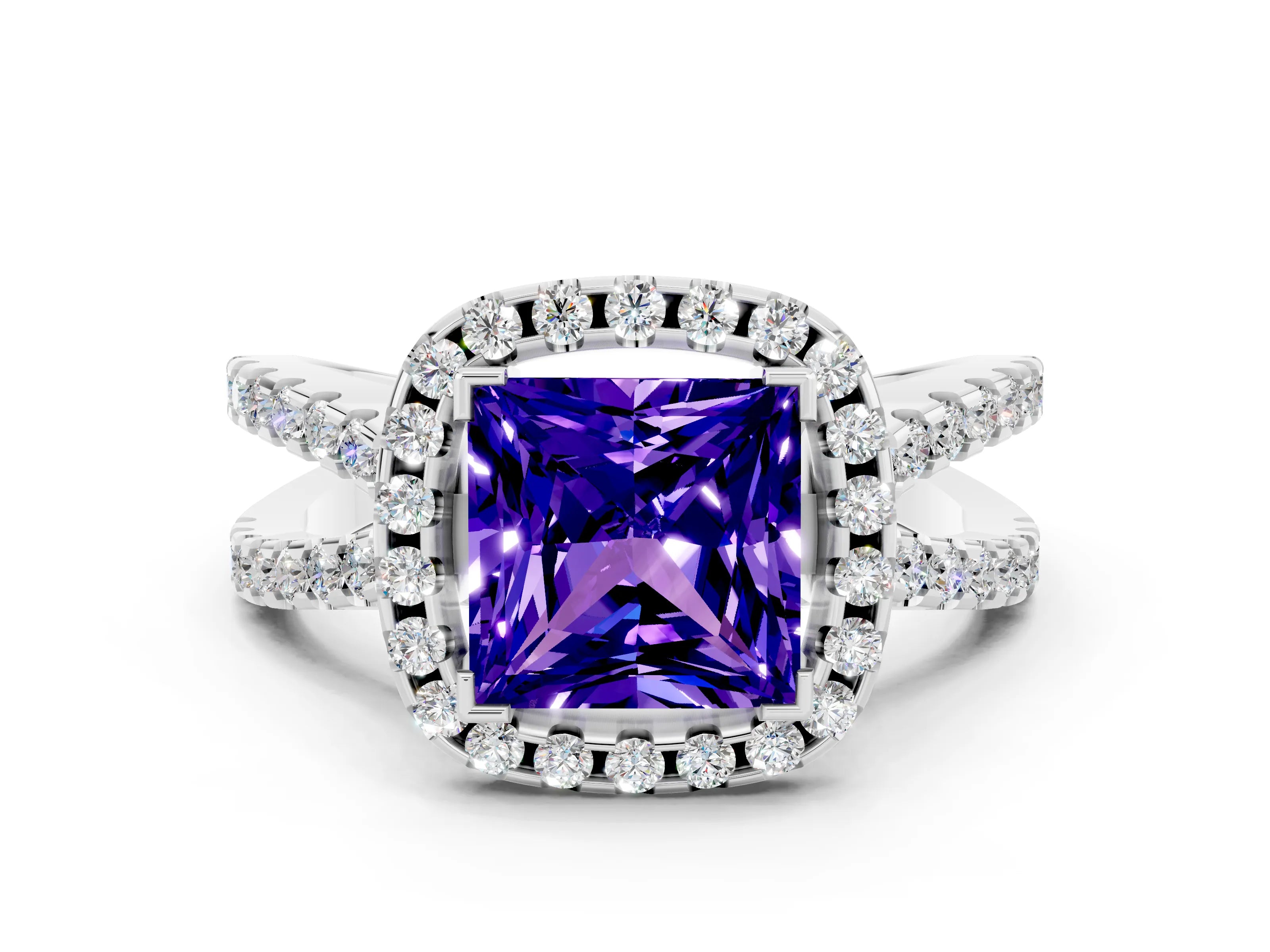 White gold Princess Cut Tanzanite Halo Ring with Split Shank Pavé Band and Prong Setting