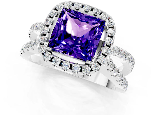 White gold Princess Cut Tanzanite Halo Ring with Split Shank Pavé Band and Prong Setting