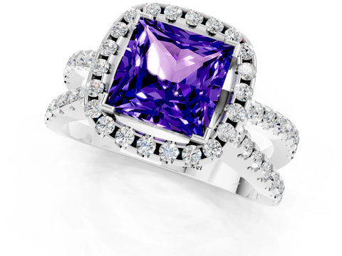 White gold Princess Cut Tanzanite Halo Ring with Split Shank Pavé Band and Prong Setting_1