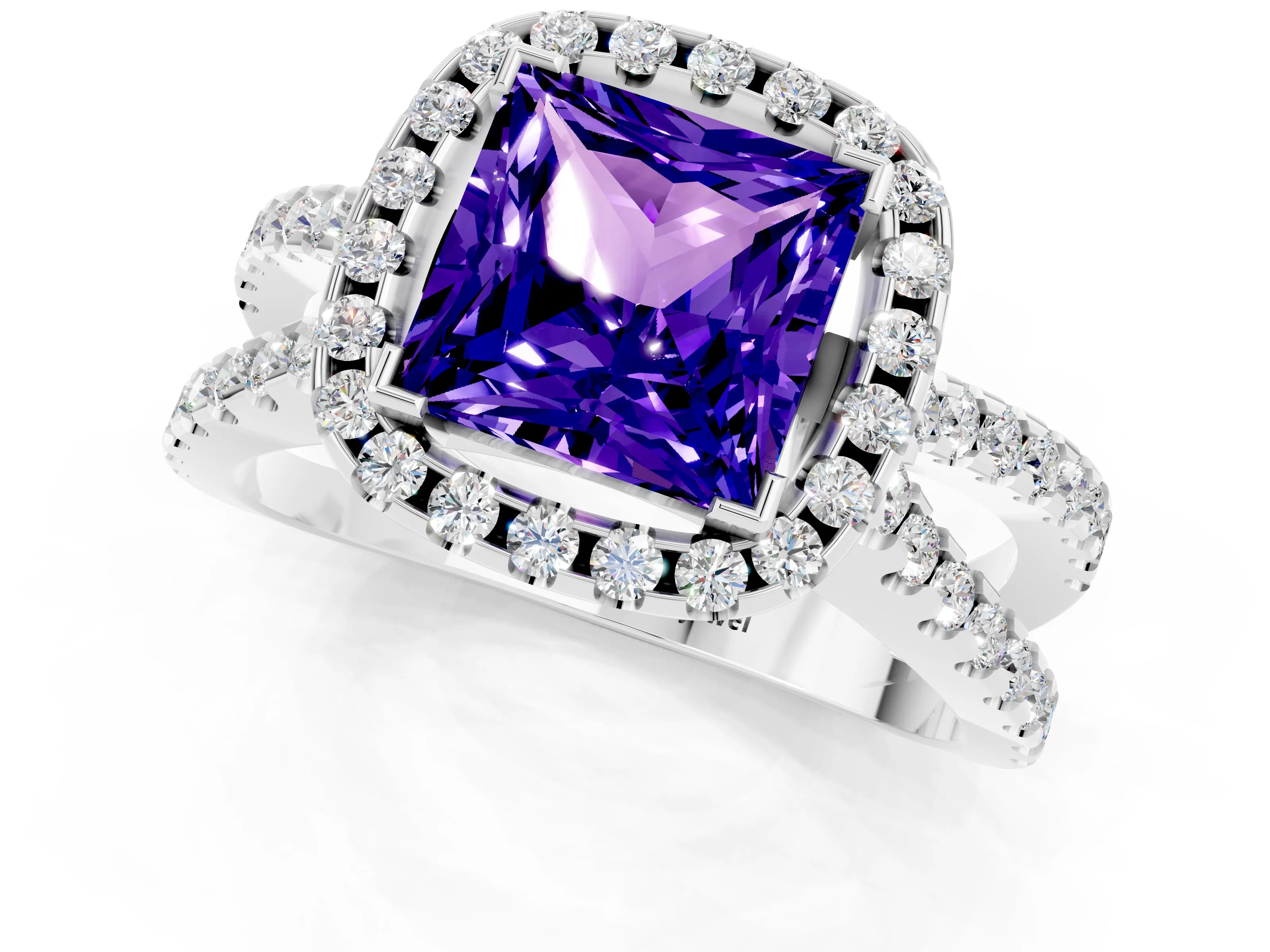 White gold Princess Cut Tanzanite Halo Ring with Split Shank Pavé Band and Prong Setting_1