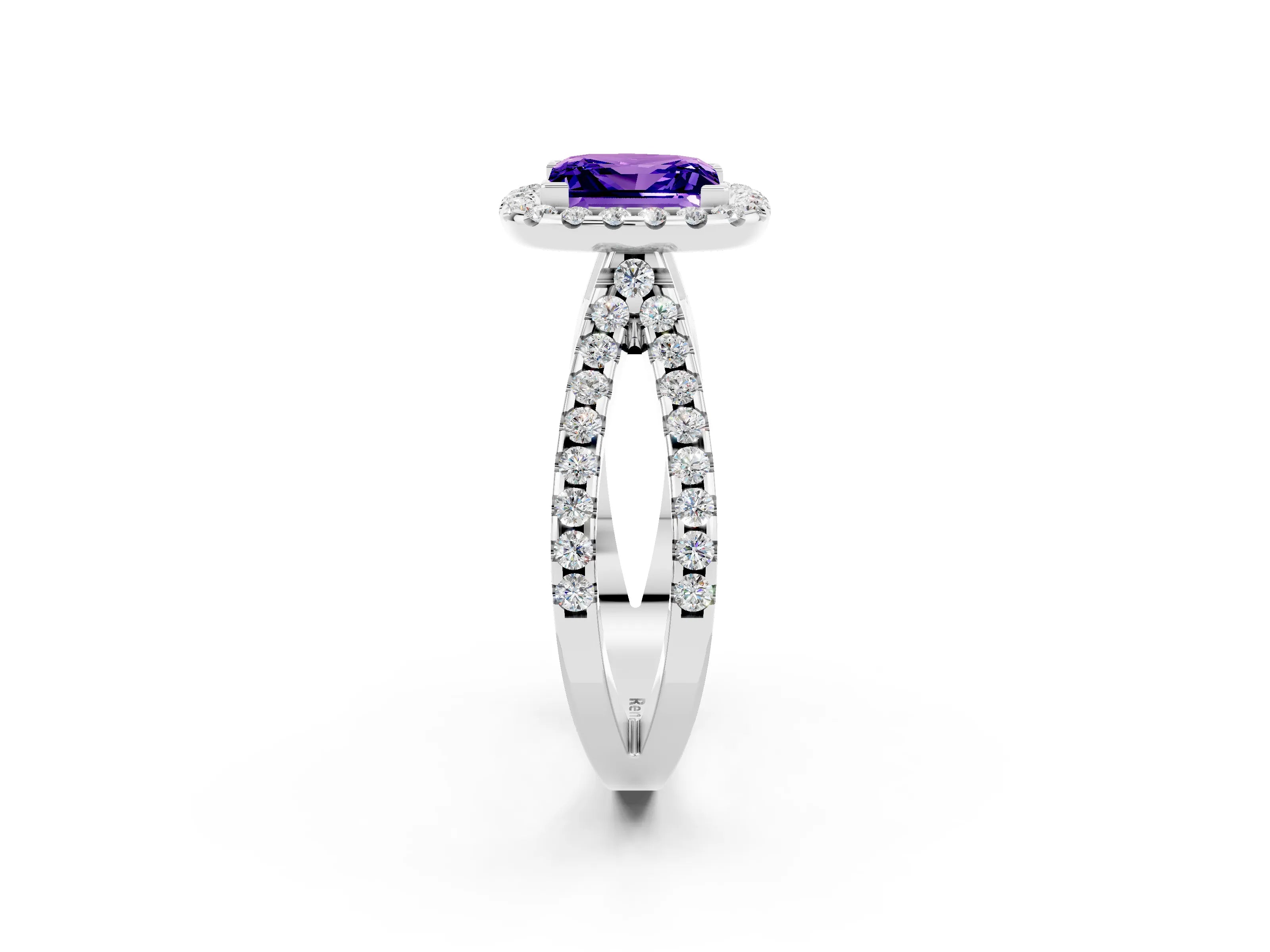 White gold Princess Cut Tanzanite Halo Ring with Split Shank Pavé Band and Prong Setting_2