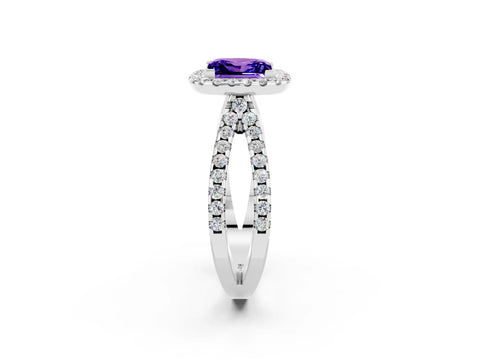 White gold Princess Cut Tanzanite Halo Ring with Split Shank Pavé Band and Prong Setting_2