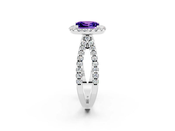 White gold Princess Cut Tanzanite Halo Ring with Split Shank Pavé Band and Prong Setting