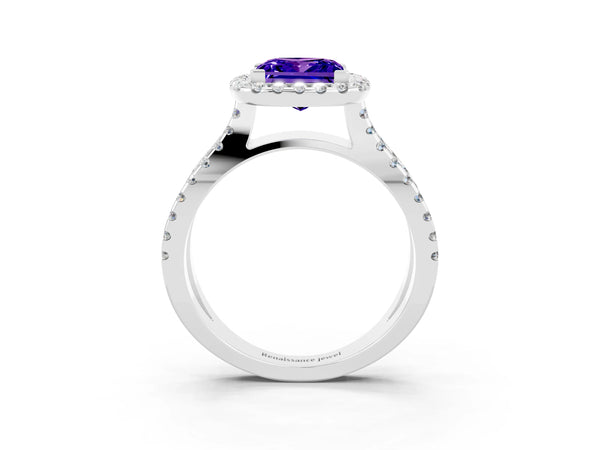 Platinum Princess Cut Tanzanite Halo Ring with Split Shank Pavé Band and Prong Setting