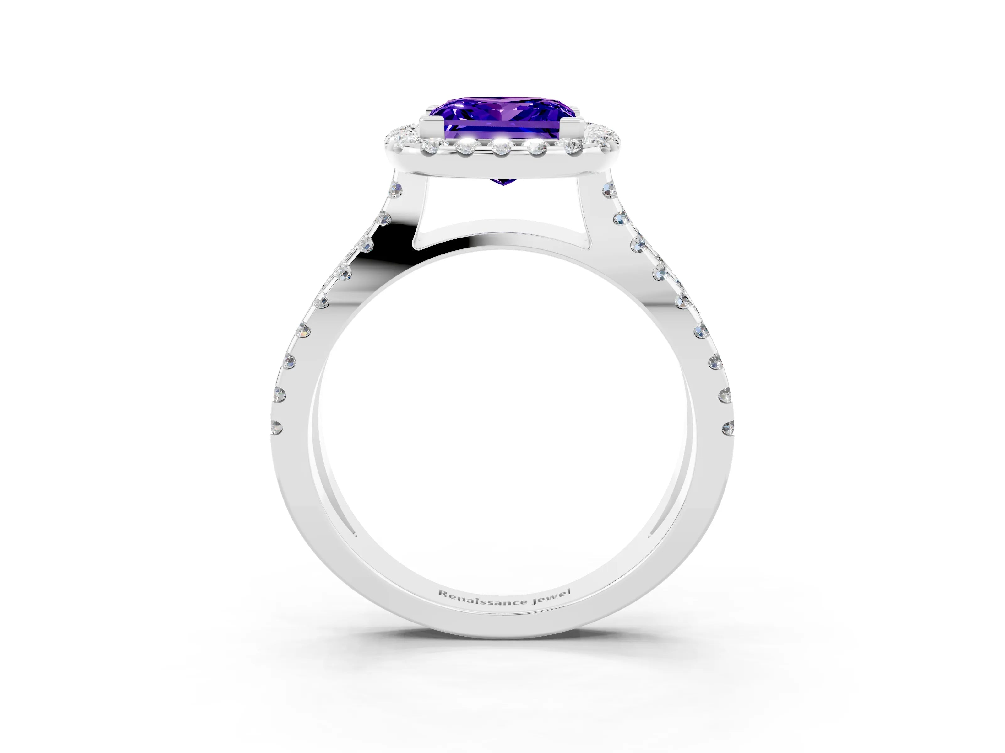 White gold Princess Cut Tanzanite Halo Ring with Split Shank Pavé Band and Prong Setting_3
