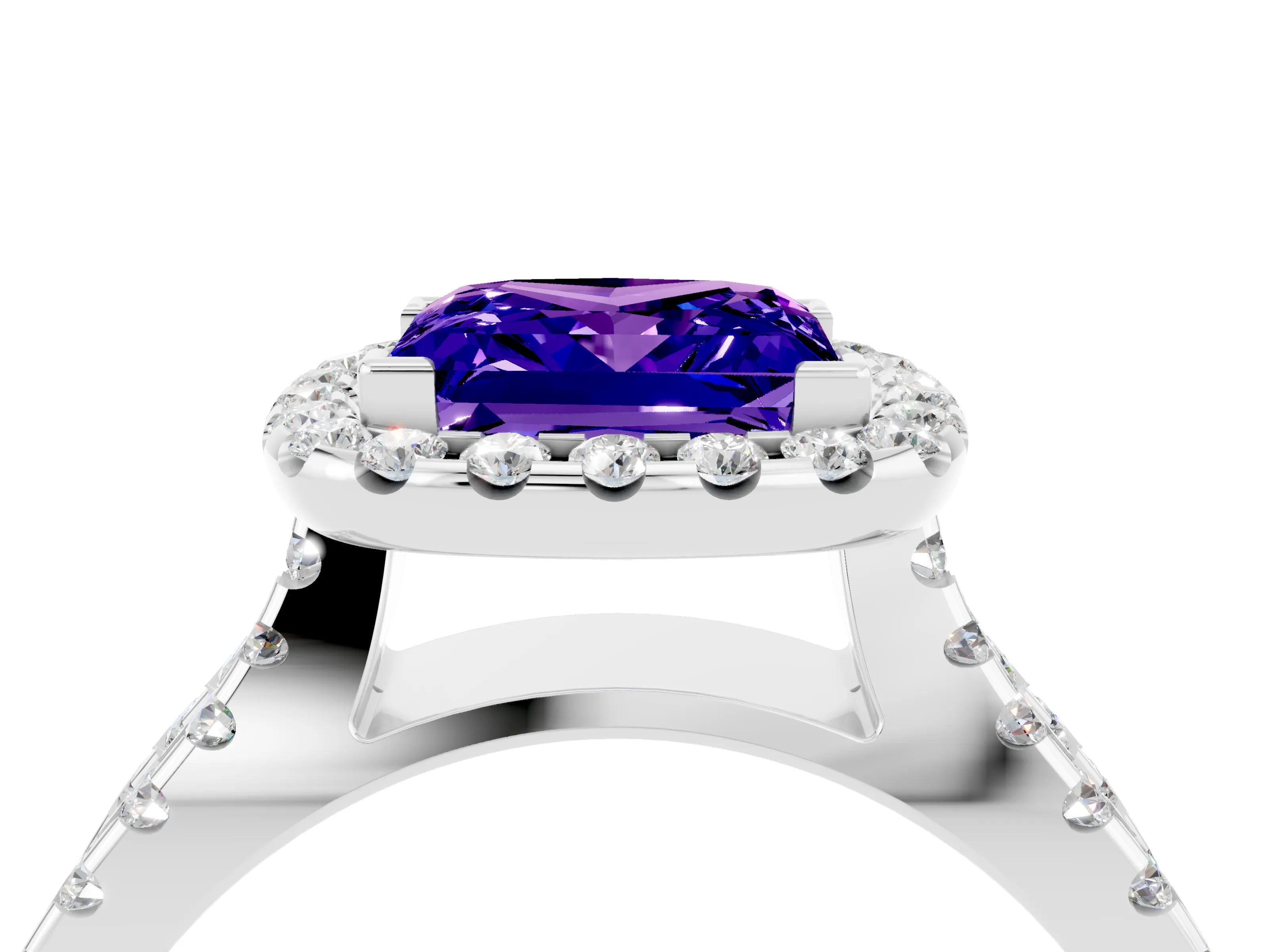 White gold Princess Cut Tanzanite Halo Ring with Split Shank Pavé Band and Prong Setting_4