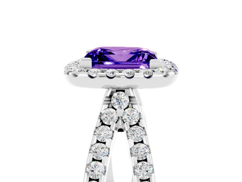 White gold Princess Cut Tanzanite Halo Ring with Split Shank Pavé Band and Prong Setting_5