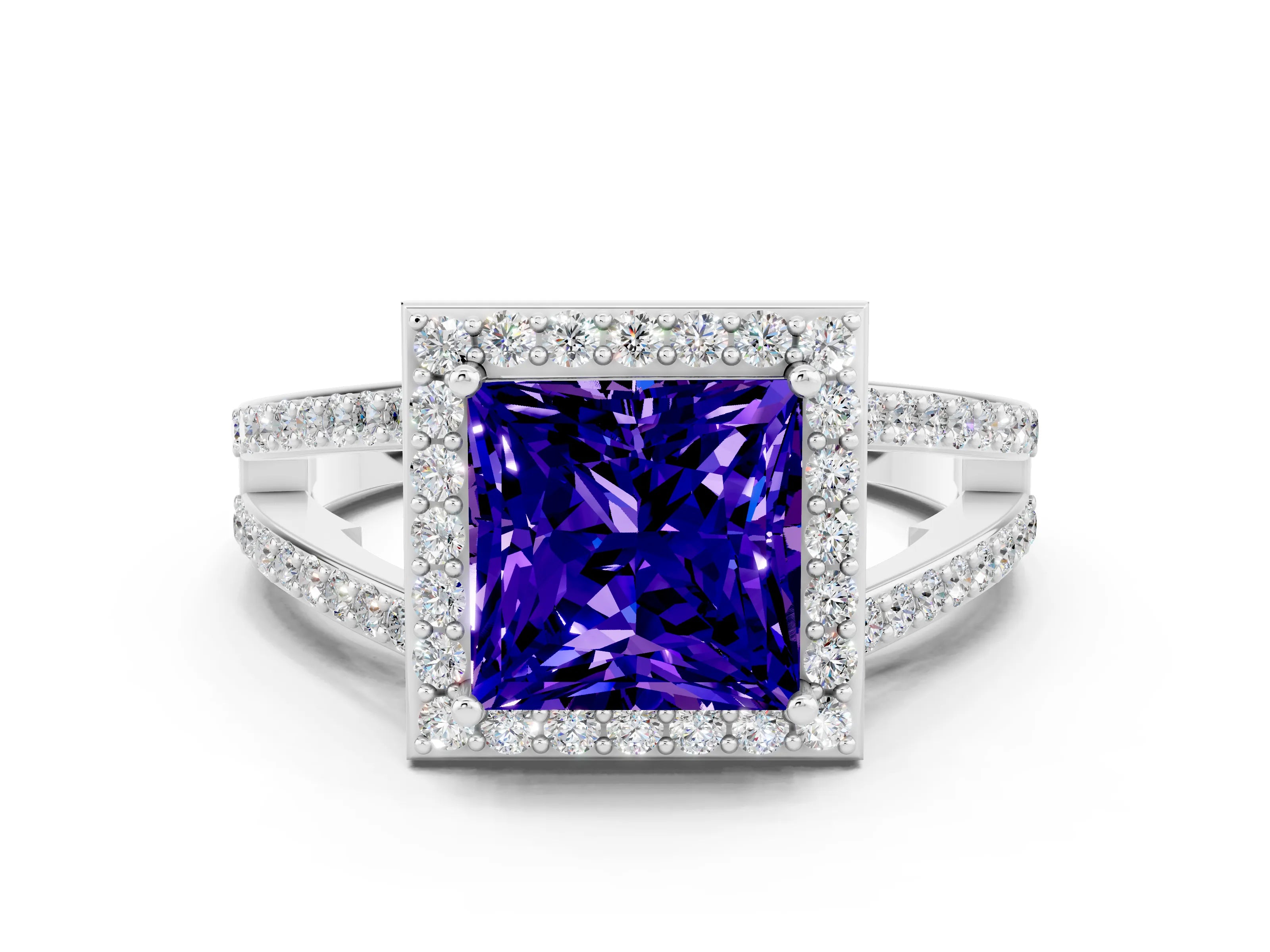 White gold Princess Cut Tanzanite Halo Ring with Split Shank U-Prong Band and Four-Prong Setting