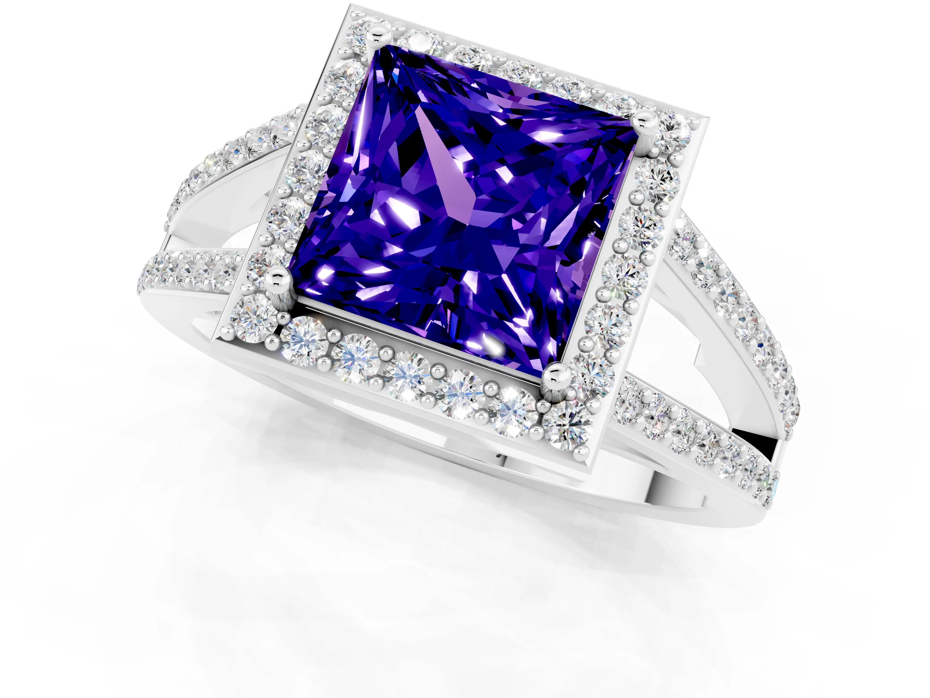 White gold Princess Cut Tanzanite Halo Ring with Split Shank U-Prong Band and Four-Prong Setting_1
