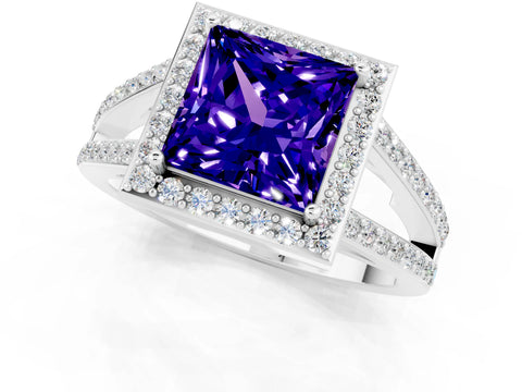 White gold Princess Cut Tanzanite Halo Ring with Split Shank U-Prong Band and Four-Prong Setting_1