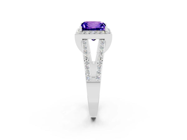 Silver Princess Cut Tanzanite Halo Ring with Split Shank U-Prong Band and Four-Prong Setting