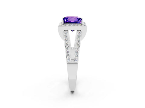 White gold Princess Cut Tanzanite Halo Ring with Split Shank U-Prong Band and Four-Prong Setting_2