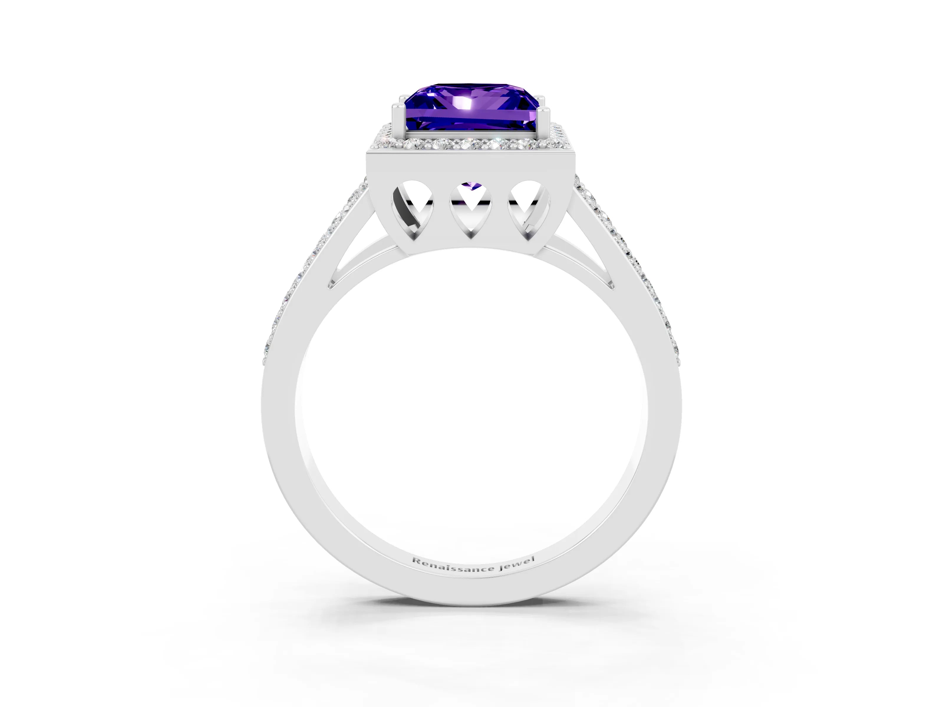 White gold Princess Cut Tanzanite Halo Ring with Split Shank U-Prong Band and Four-Prong Setting_3