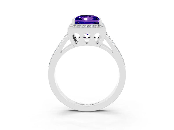 White gold Princess Cut Tanzanite Halo Ring with Split Shank U-Prong Band and Four-Prong Setting