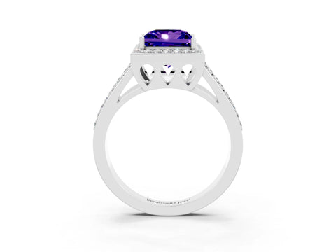 White gold Princess Cut Tanzanite Halo Ring with Split Shank U-Prong Band and Four-Prong Setting_3