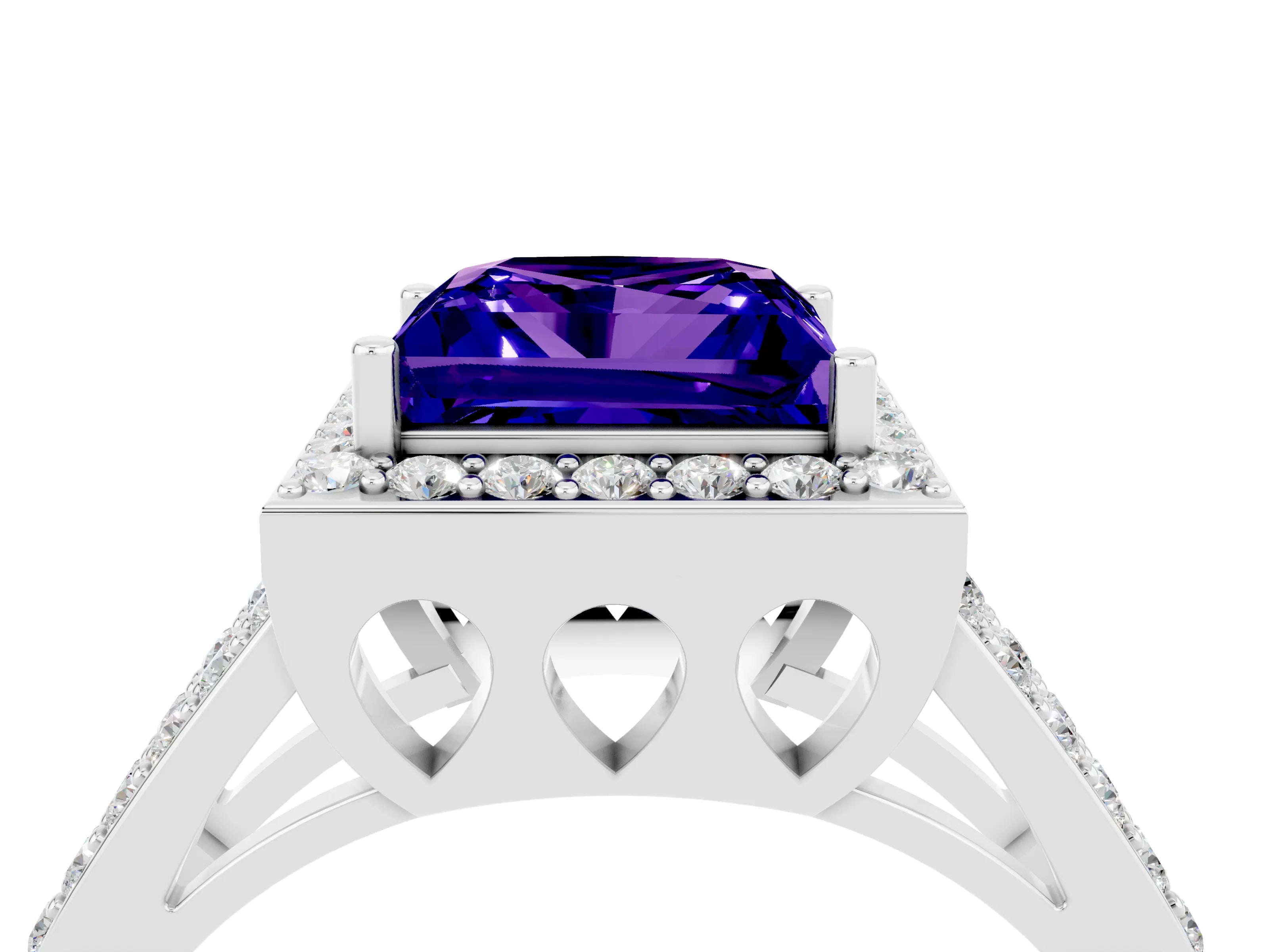 White gold Princess Cut Tanzanite Halo Ring with Split Shank U-Prong Band and Four-Prong Setting_4