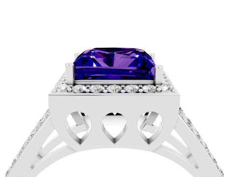 White gold Princess Cut Tanzanite Halo Ring with Split Shank U-Prong Band and Four-Prong Setting_4