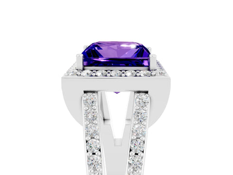 White gold Princess Cut Tanzanite Halo Ring with Split Shank U-Prong Band and Four-Prong Setting_5