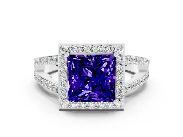 Silver Princess Cut Tanzanite Halo Ring with Split Shank U-Prong Band and Four-Prong Setting