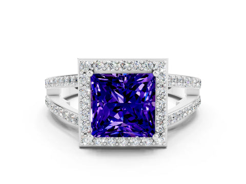 White gold Princess Cut Tanzanite Halo Ring with Split Shank U-Prong Band and Four-Prong Setting