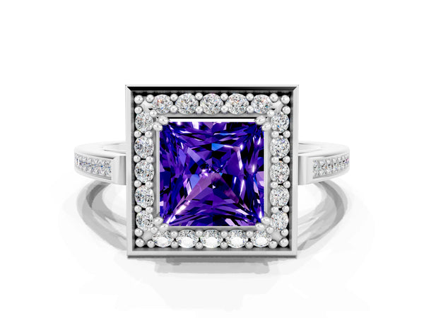 Silver Princess Cut Tanzanite Halo Ring with Split Shank and Four-Prong Setting