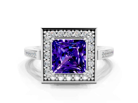 White gold Princess Cut Tanzanite Halo Ring with Split Shank and Four-Prong Setting_12