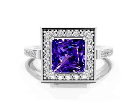 White gold Princess Cut Tanzanite Halo Ring with Split Shank and Four-Prong Setting_12