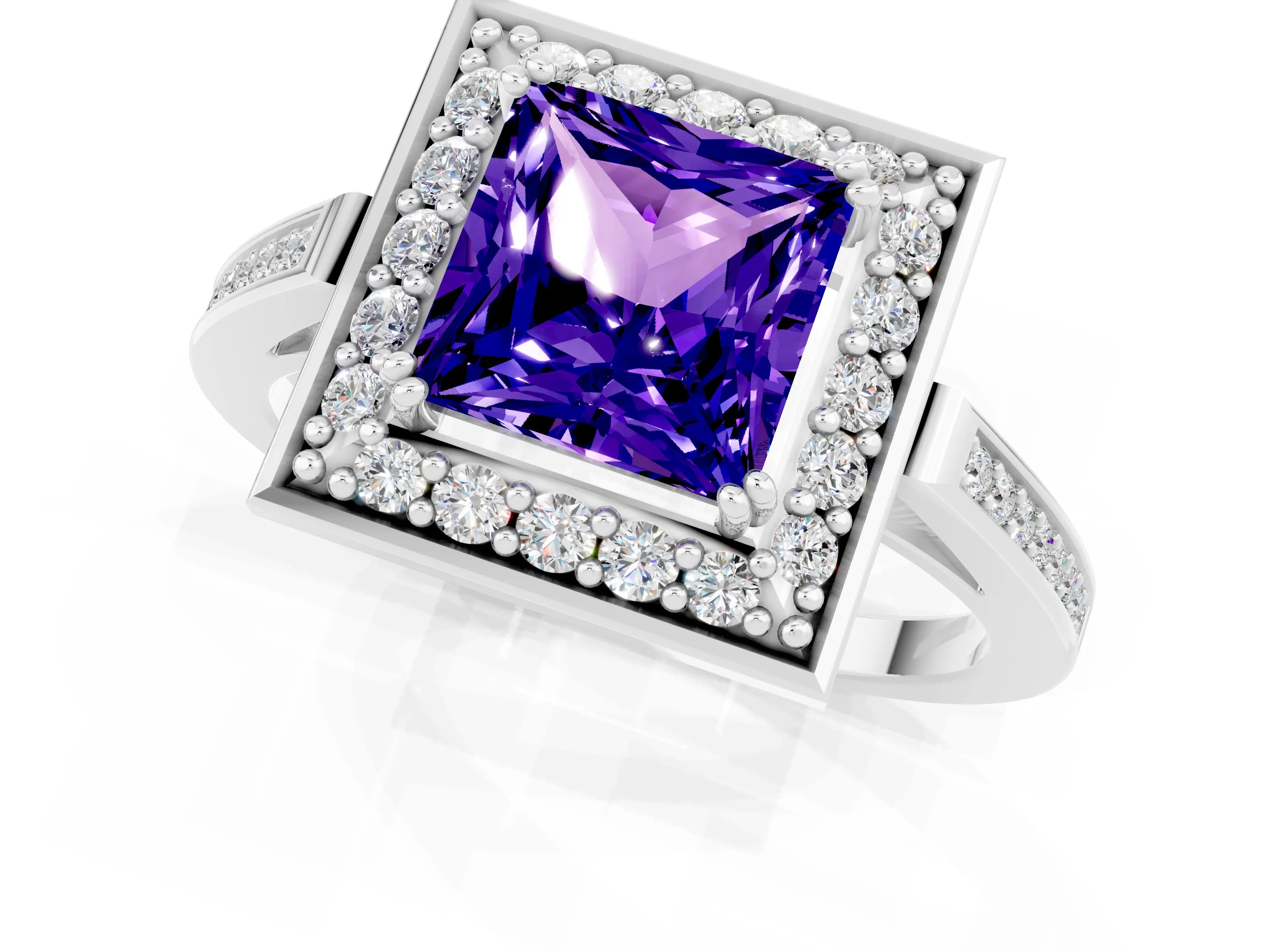 White gold Princess Cut Tanzanite Halo Ring with Split Shank and Four-Prong Setting_13