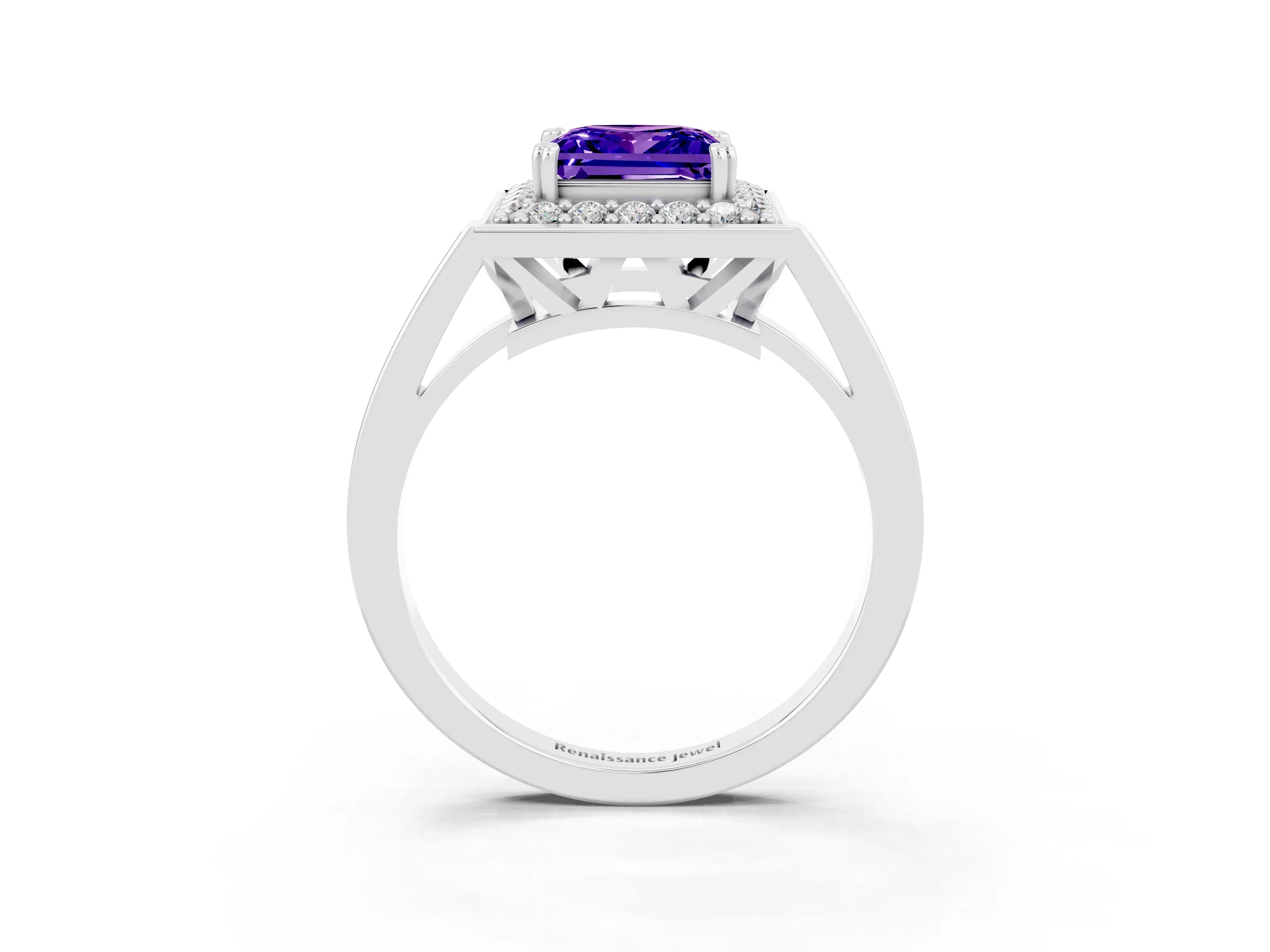 White gold Princess Cut Tanzanite Halo Ring with Split Shank and Four-Prong Setting_15