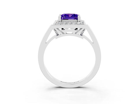 White gold Princess Cut Tanzanite Halo Ring with Split Shank and Four-Prong Setting_15