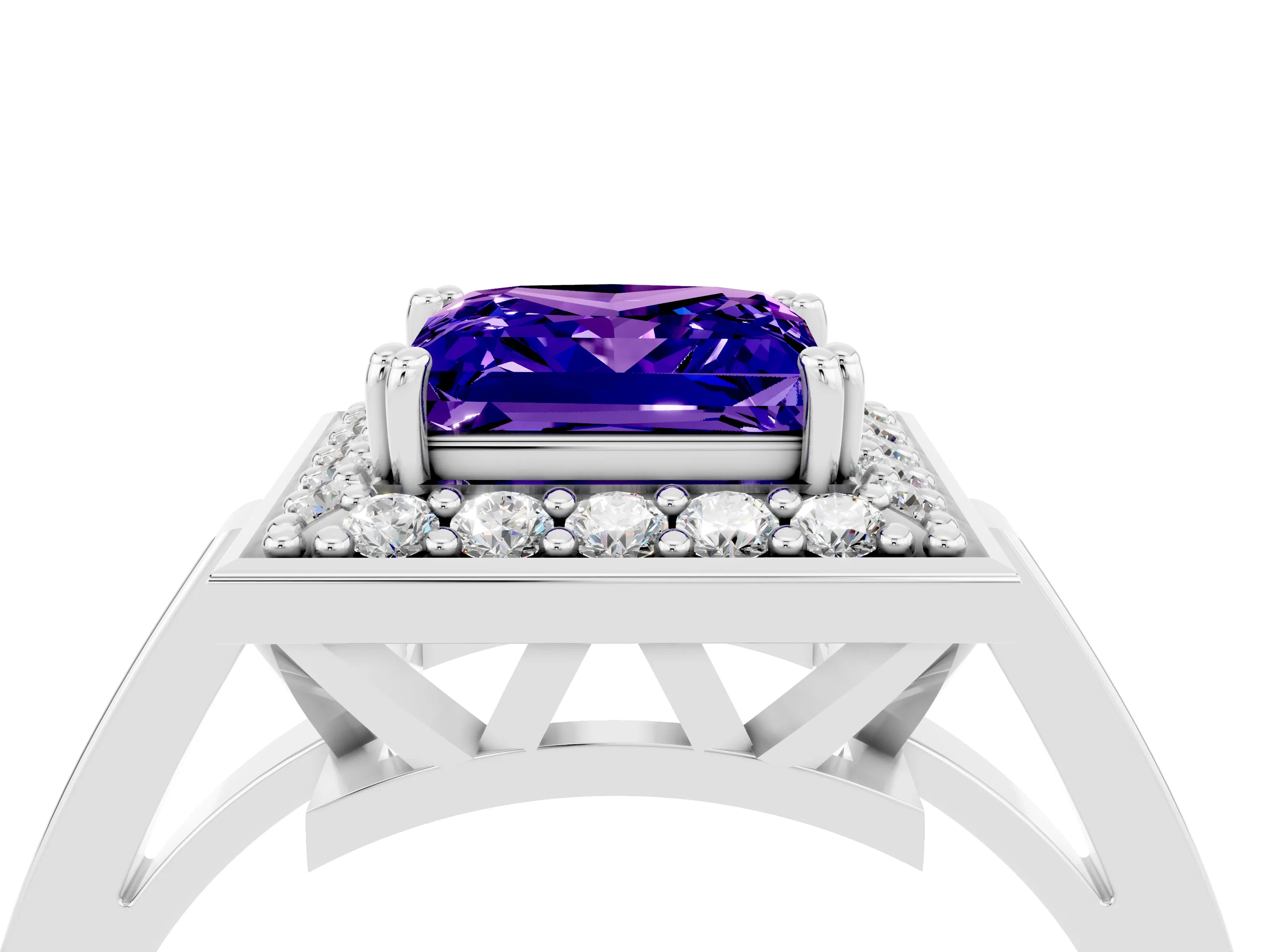 White gold Princess Cut Tanzanite Halo Ring with Split Shank and Four-Prong Setting_16