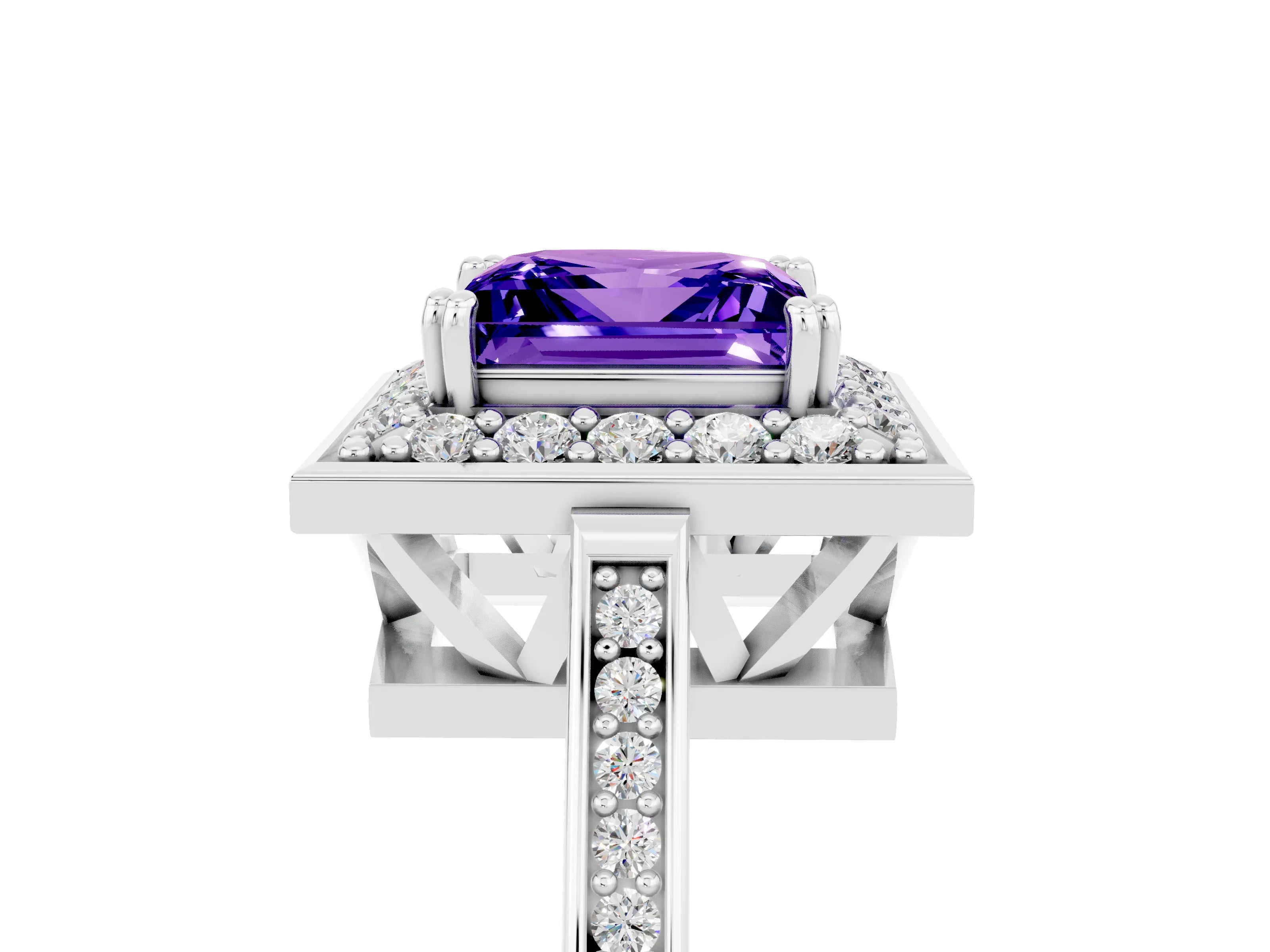 White gold Princess Cut Tanzanite Halo Ring with Split Shank and Four-Prong Setting_16