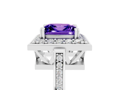 White gold Princess Cut Tanzanite Halo Ring with Split Shank and Four-Prong Setting_17