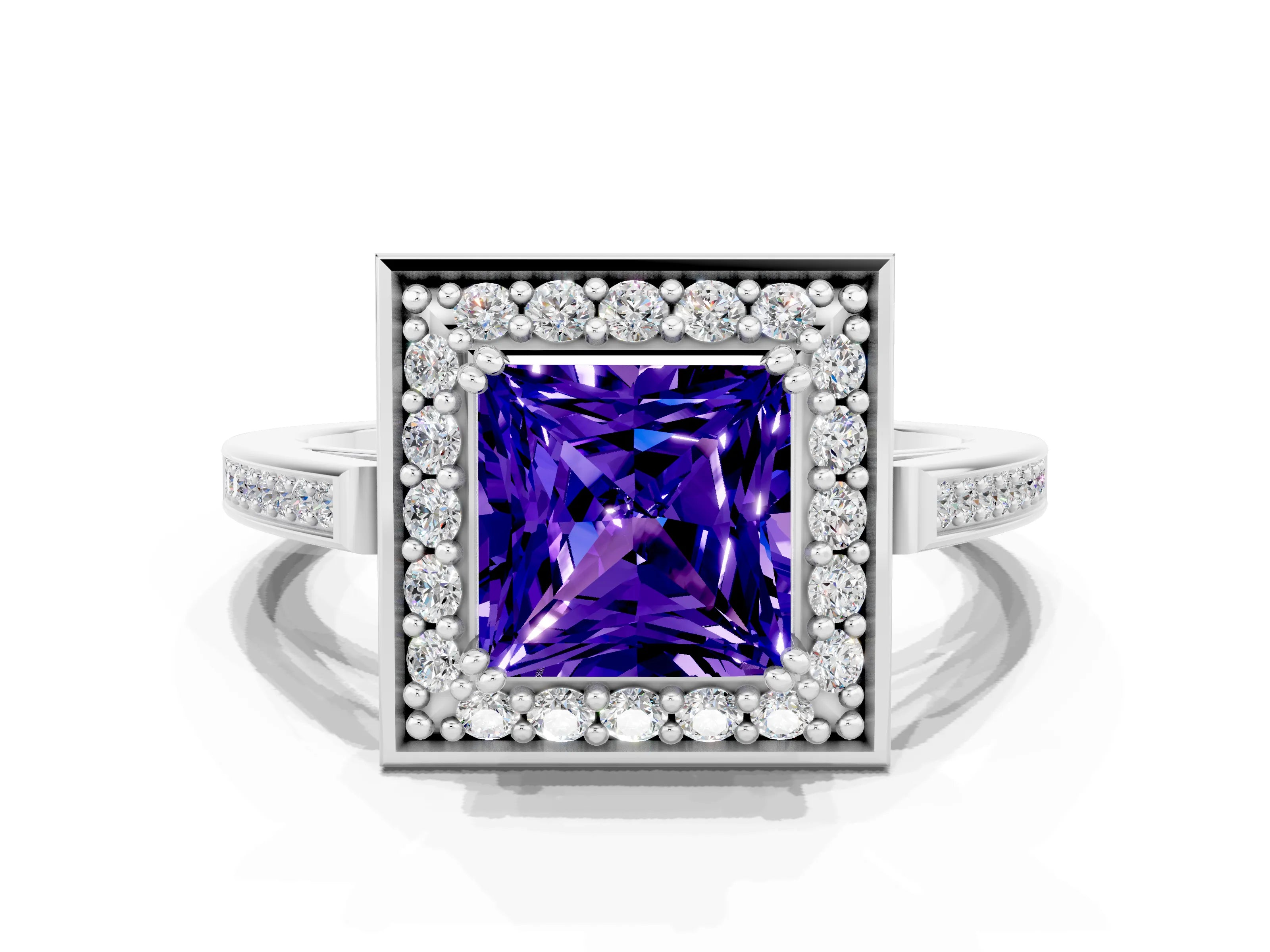 White gold Princess Cut Tanzanite Halo Ring with Split Shank and Four-Prong Setting_18