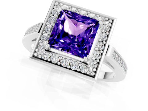 White gold Princess Cut Tanzanite Halo Ring with Split Shank and Four-Prong Setting_19