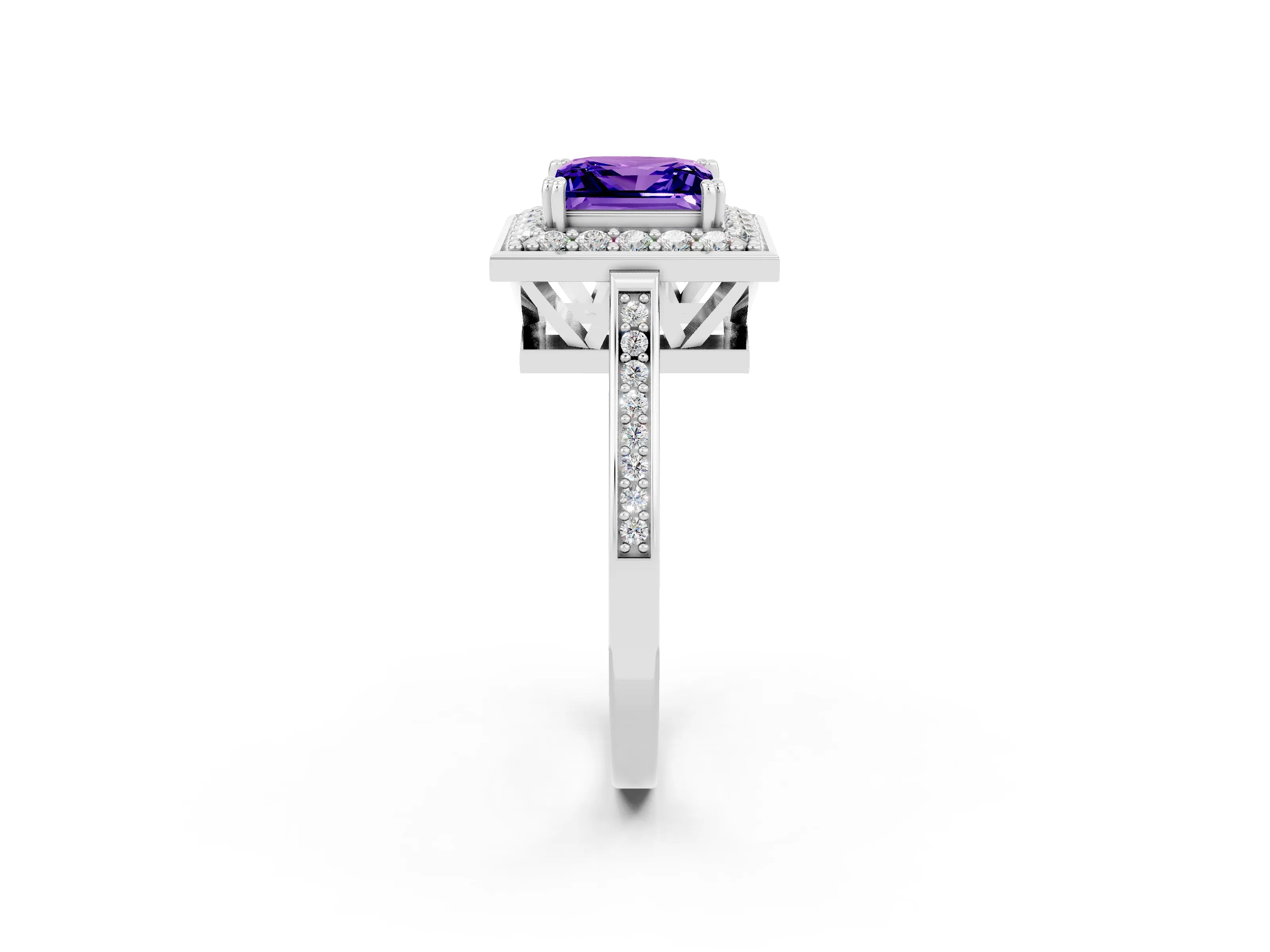 White gold Princess Cut Tanzanite Halo Ring with Split Shank and Four-Prong Setting_20