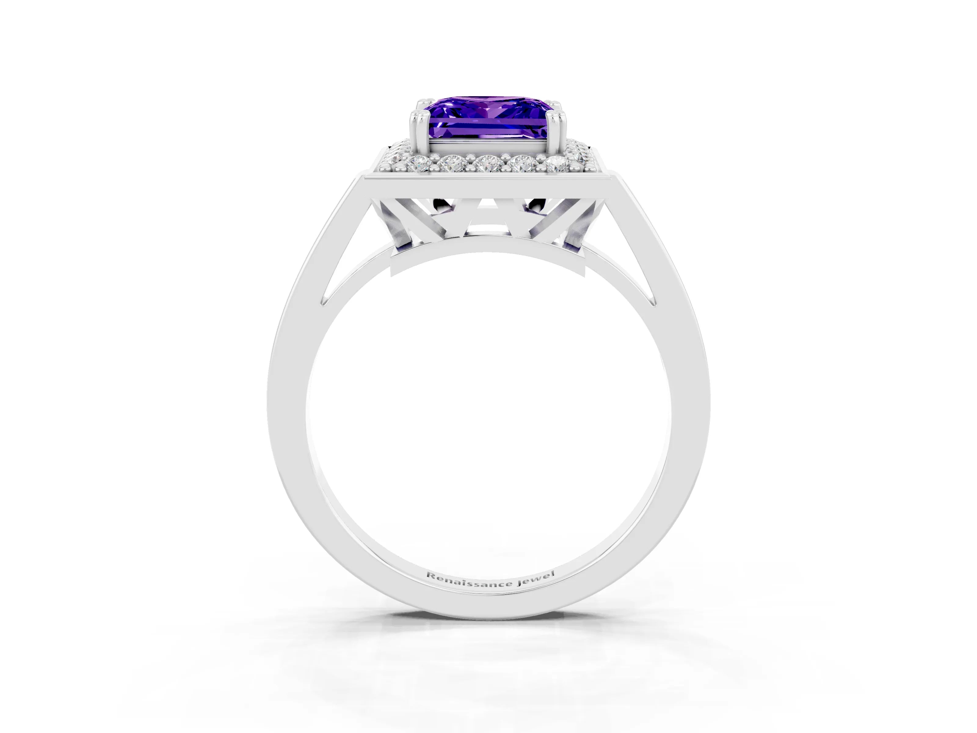 White gold Princess Cut Tanzanite Halo Ring with Split Shank and Four-Prong Setting_21