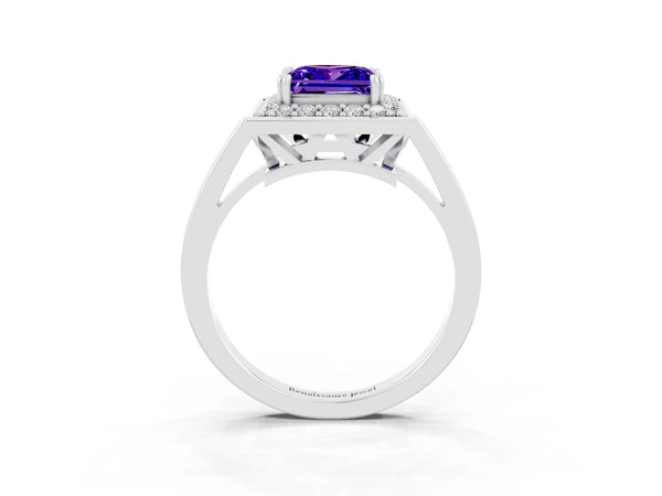 White gold Princess Cut Tanzanite Halo Ring with Split Shank and Four-Prong Setting