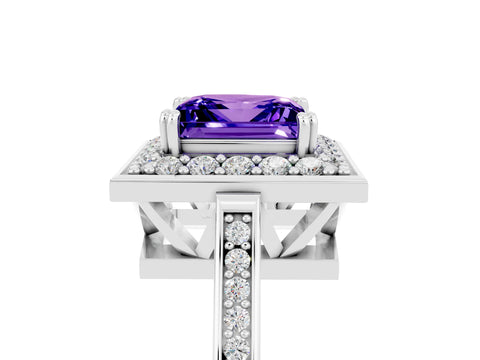 White gold Princess Cut Tanzanite Halo Ring with Split Shank and Four-Prong Setting_23