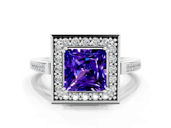 Platinum Princess Cut Tanzanite Halo Ring with Split Shank and Four-Prong Setting