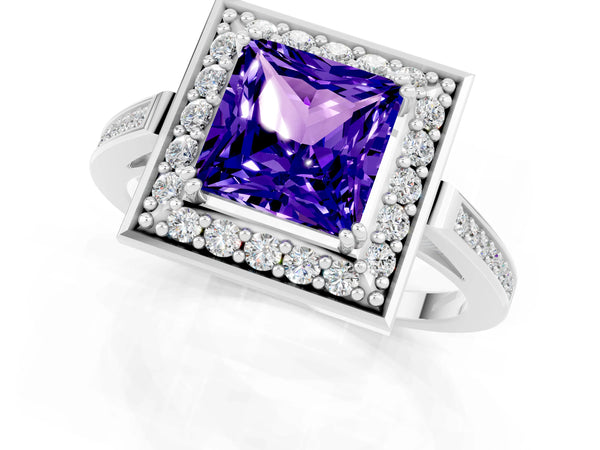 Silver Princess Cut Tanzanite Halo Ring with Split Shank and Four-Prong Setting