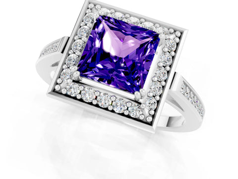 White gold Princess Cut Tanzanite Halo Ring with Split Shank and Four-Prong Setting_24