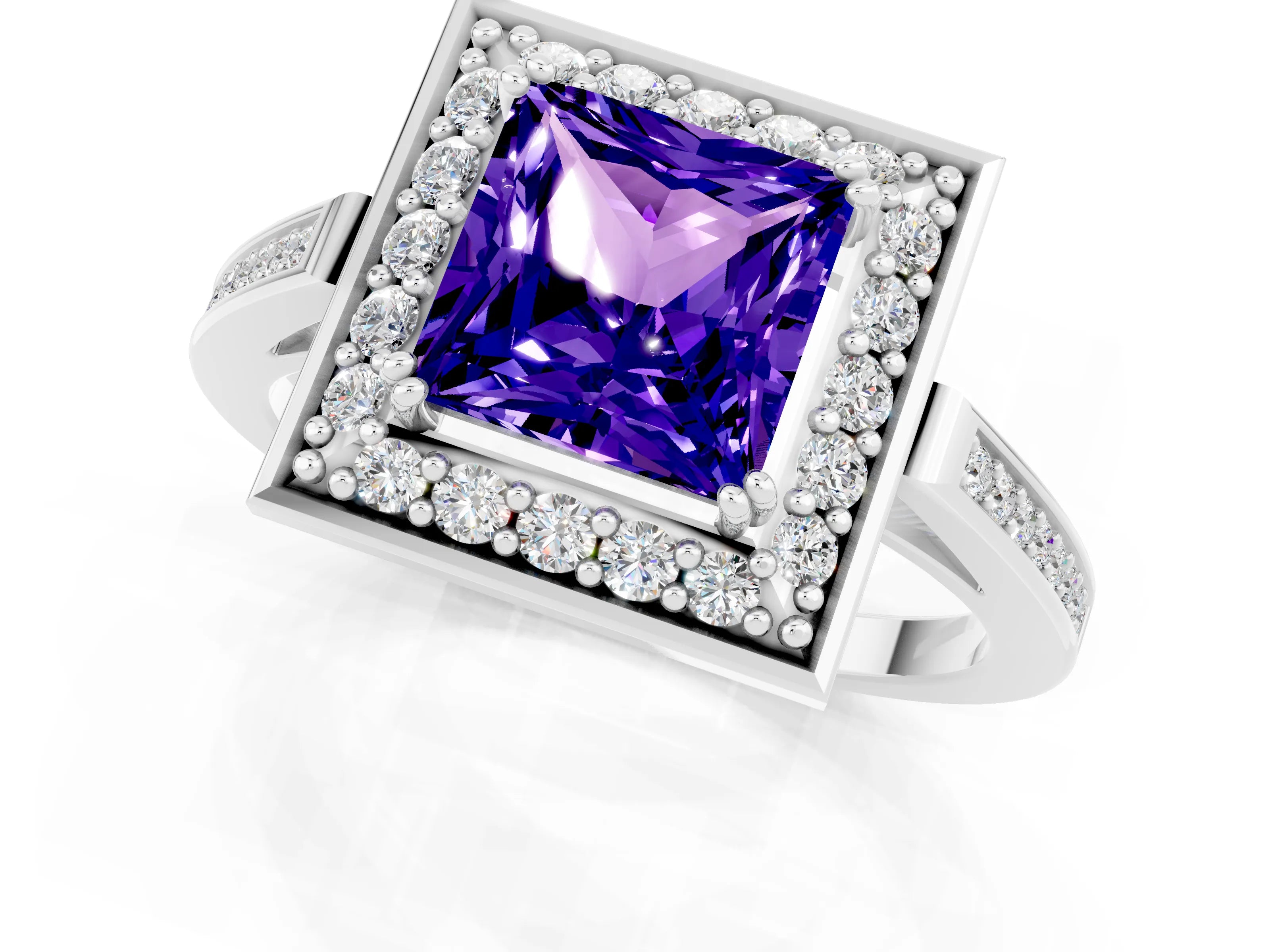 White gold Princess Cut Tanzanite Halo Ring with Split Shank and Four-Prong Setting_25