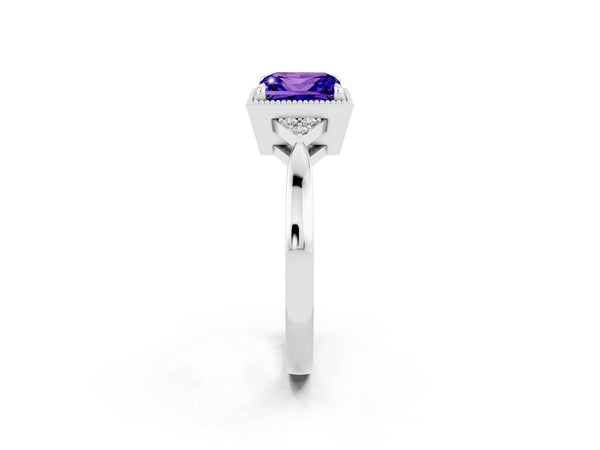White gold Princess Cut Tanzanite Halo Ring with Tapered Band and Four-Prong Setting