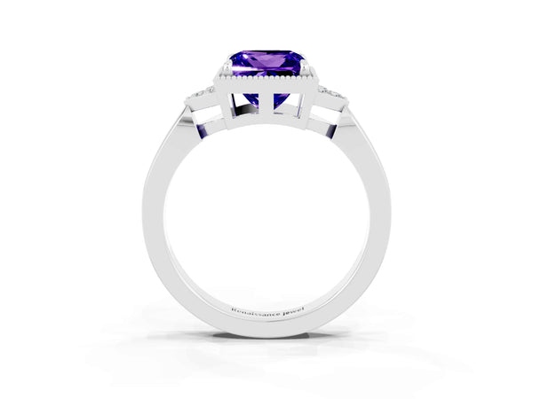 Platinum Princess Cut Tanzanite Halo Ring with Tapered Band and Four-Prong Setting