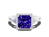 White gold Princess Cut Tanzanite Halo Ring with Tapered Band and Four-Prong Setting