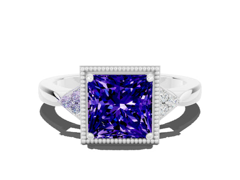White gold Princess Cut Tanzanite Halo Ring with Tapered Band and Four-Prong Setting