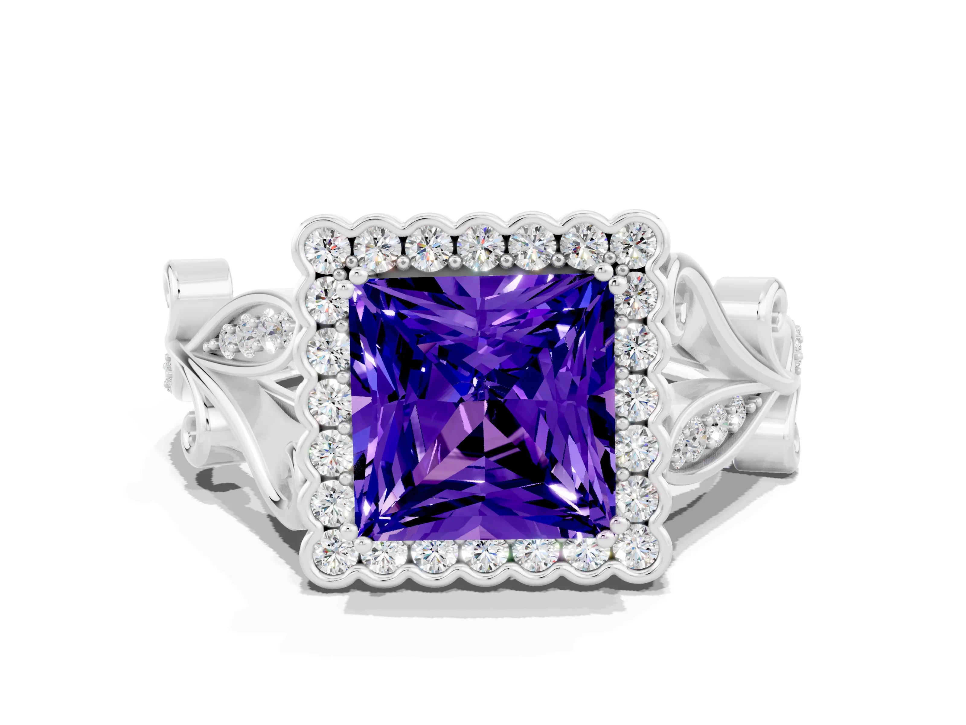 White gold Princess Cut Tanzanite Halo Ring with Vintage Split Shank and Four-Prong Setting_24